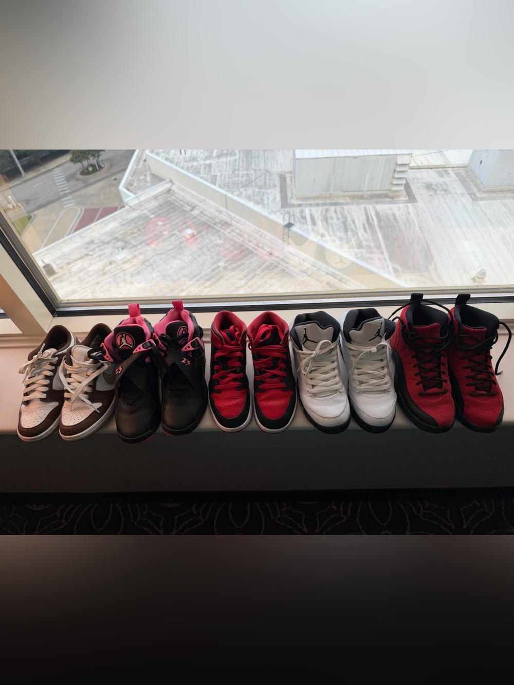 Jordan Kids Sneakers in Red, Black, White, Pink, and Brown Accents.  Lot -5 pair